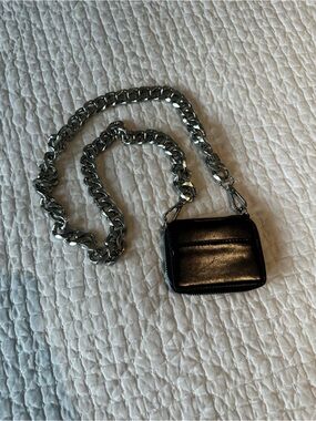 Mini Black Leather-like Crossbody Wallet with thick sturdy Silver Chain